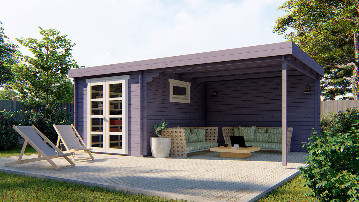 exemple de l'abri de jardin toit plat avec espace terrasse peint